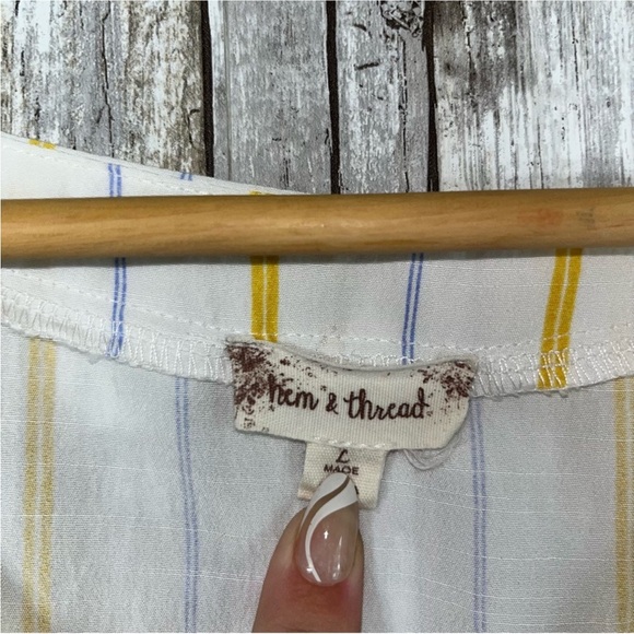 Hem & Thread White Vertical Yellow & Blue Stripe Button Tie Front Blouse - Picture 5 of 5